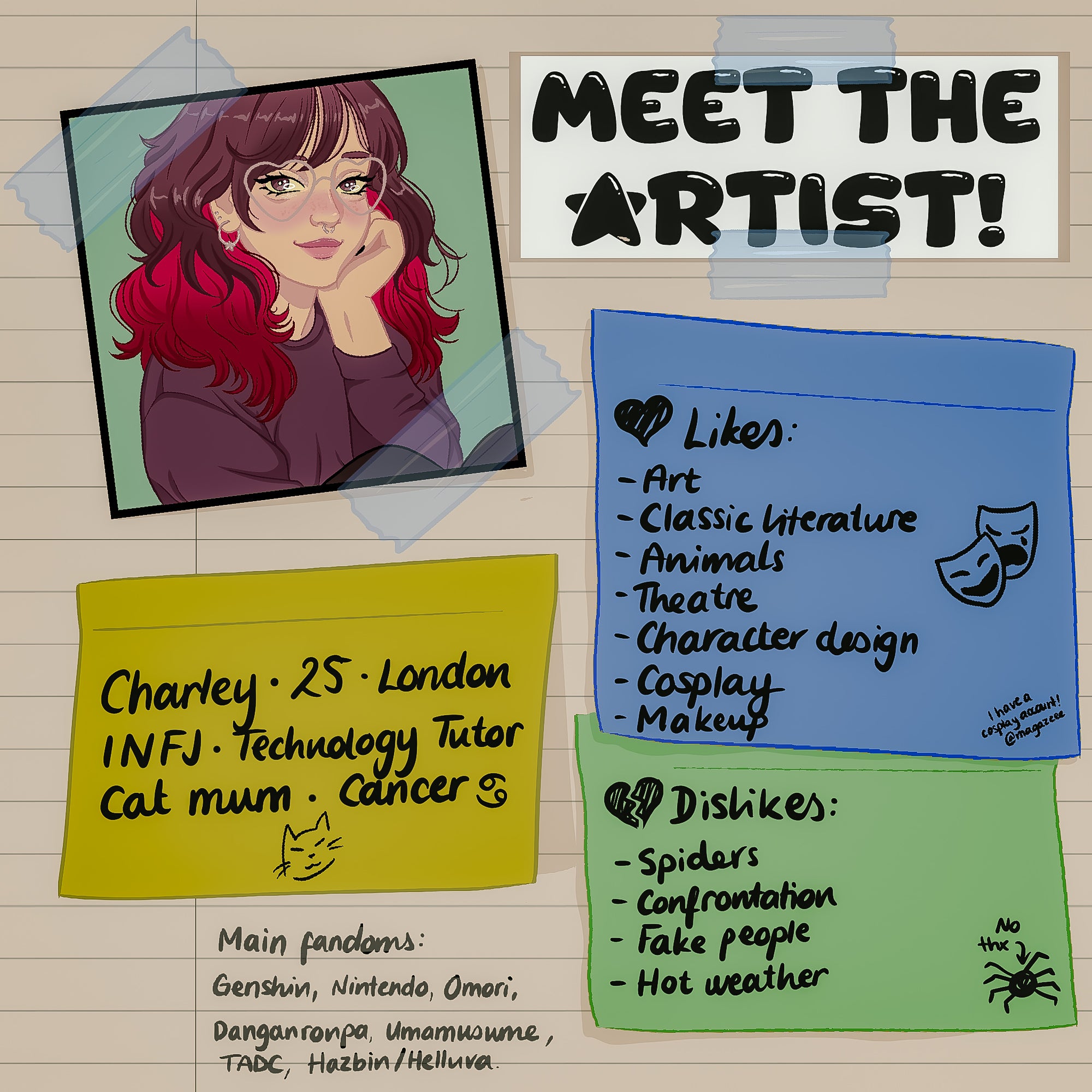 Illustration of a character with red hair, surrounded by notes about the artist's interests and preferences.